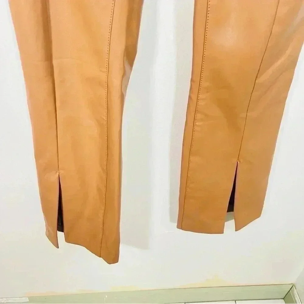 Abercrombie & Fitch The Skinny Ultra High Rise Faux Leather Split Hem Camel Tan